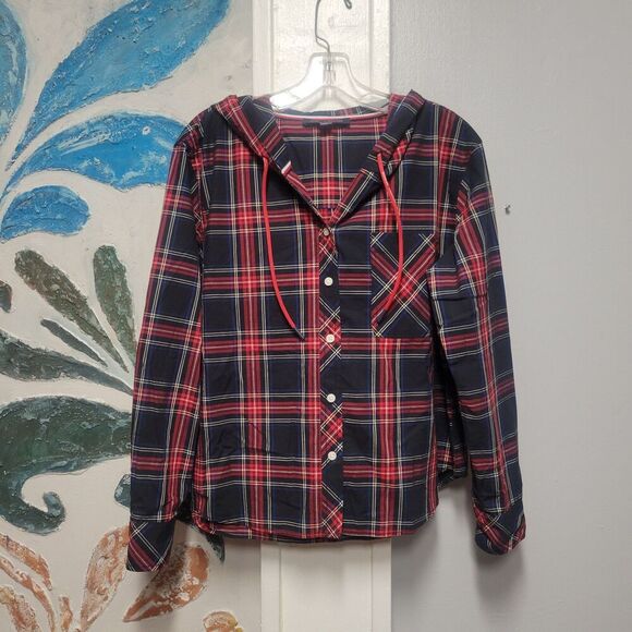 Tommy Hilfiger Size M  Plaid Hoodie Button Up Shirt Blue/Red Shirt Lightweight - Picture 1 of 9